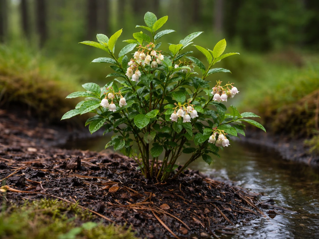 Healthy highbush blueberry plants growing in a boggy, acidic-looking garden bed with dark mulch and shallow water.