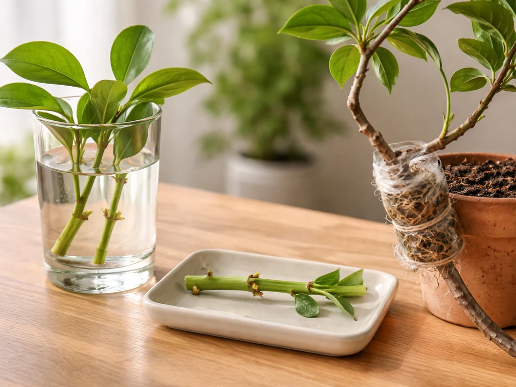 Minimal tabletop scene showing stem cuttings in water, a node-ready cutting, and a layered branch