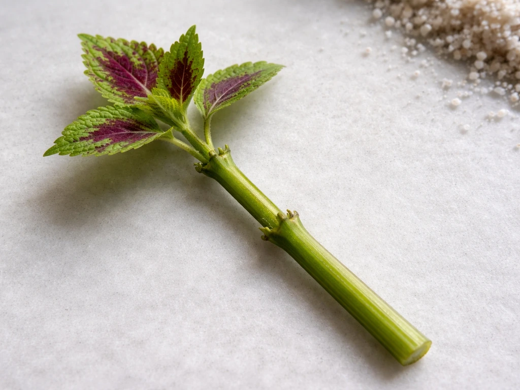 Close-up of a fresh coleus stem-tip cutting with visible nodes and stripped leaf area ready for rooting.