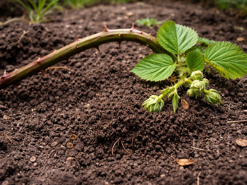 Blackberry cane tip layered into moist soil, showing where new roots form.