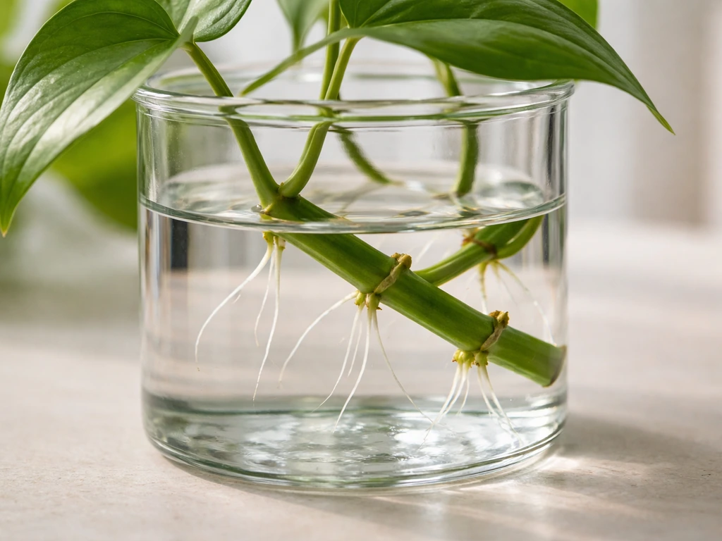 Pothos stem cutting in clear water with multiple visible nodes and small roots at the nodes.