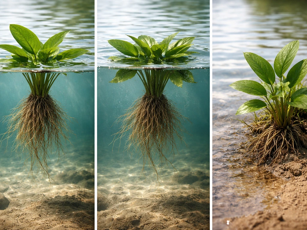 Three-panel photo collage of the same land-plant style in underwater roots, fully submerged growth, and a wet shoreline.