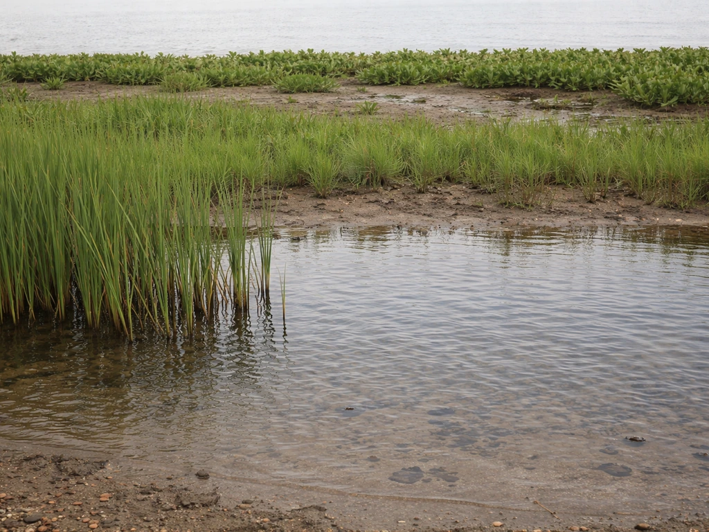 Marsh shoreline showing tall reeds at the water edge, shorter wet-dry sedges mid-band, and low forbs on saturated mud.