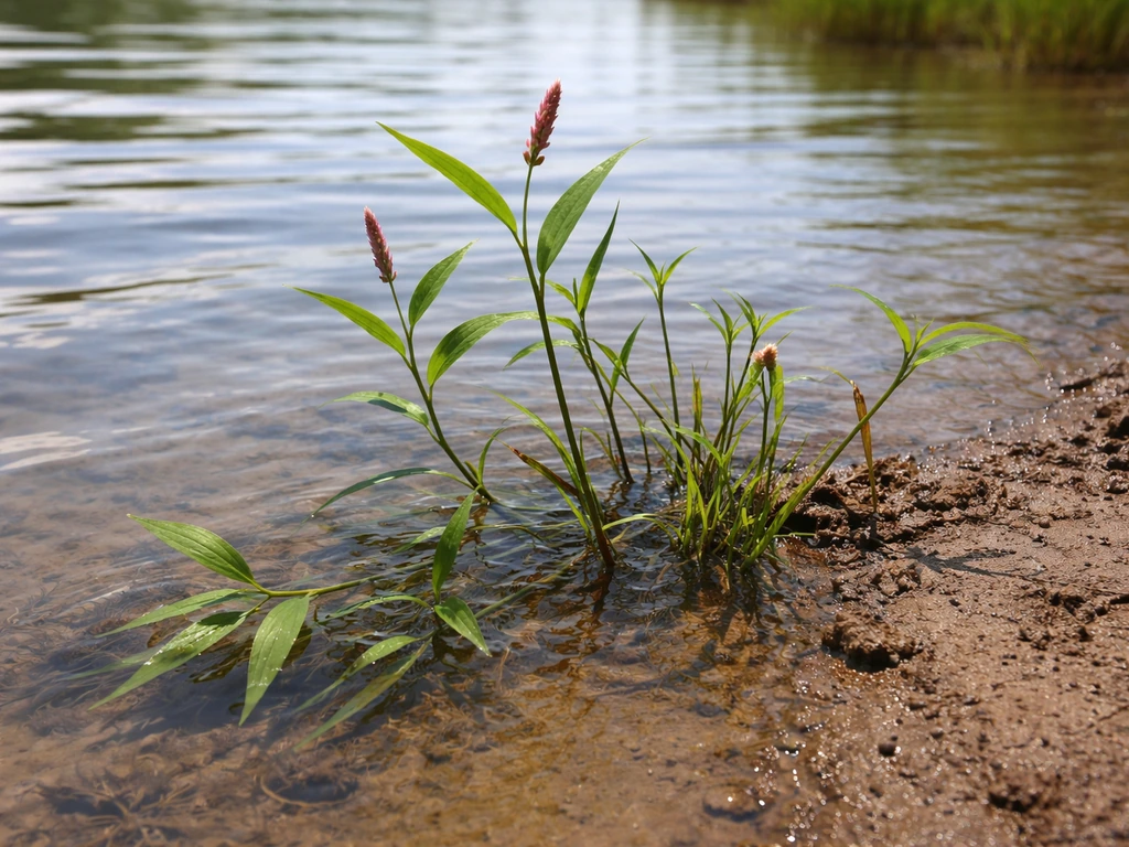 Amphibious smartweed wetland plant at shoreline, partly submerged with exposed stems in shallow water.