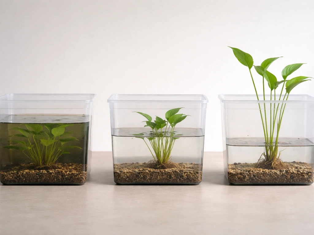 Three bins showing submerged, semi-submerged, and emergent aquatic plant setups with visible waterlines.