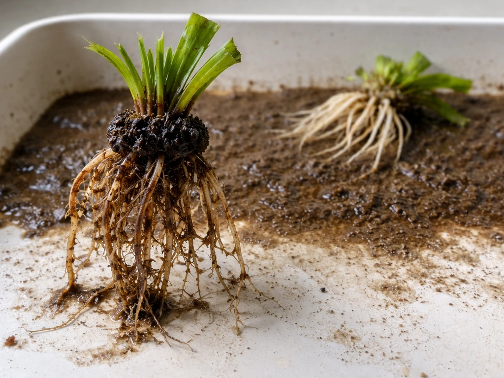 Aquatic plant pulled from muddy substrate showing dark, softened crown and roots next to healthier roots.
