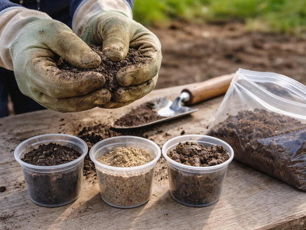 Gloved hands testing backyard soil texture beside small cups of different soil types.
