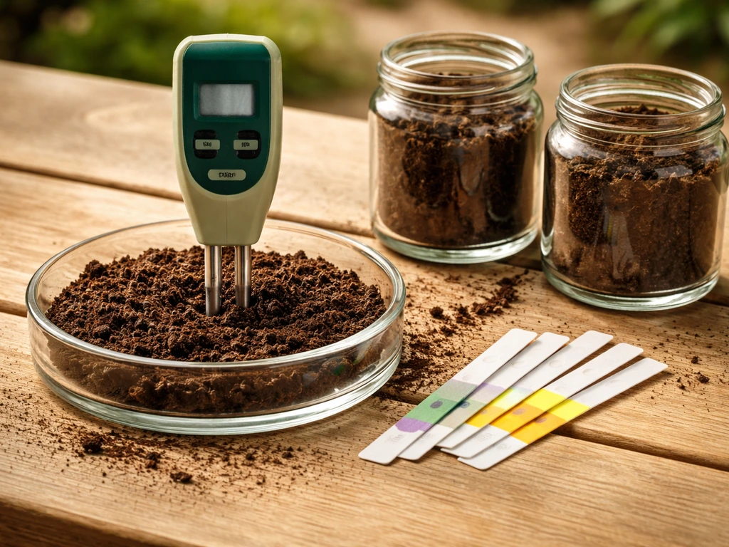 Close-up of soil pH testing tools and soil sample jars on a wooden surface.