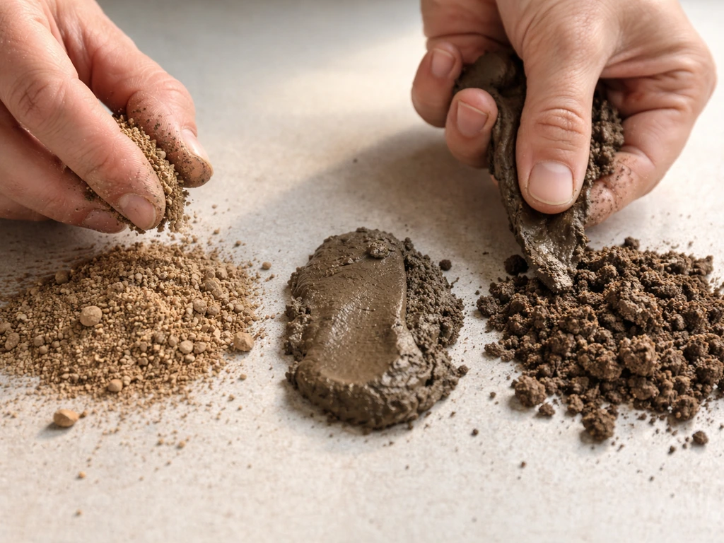 Three soil samples—sandy, clay, and intermediate—being rubbed between fingers to show texture differences.