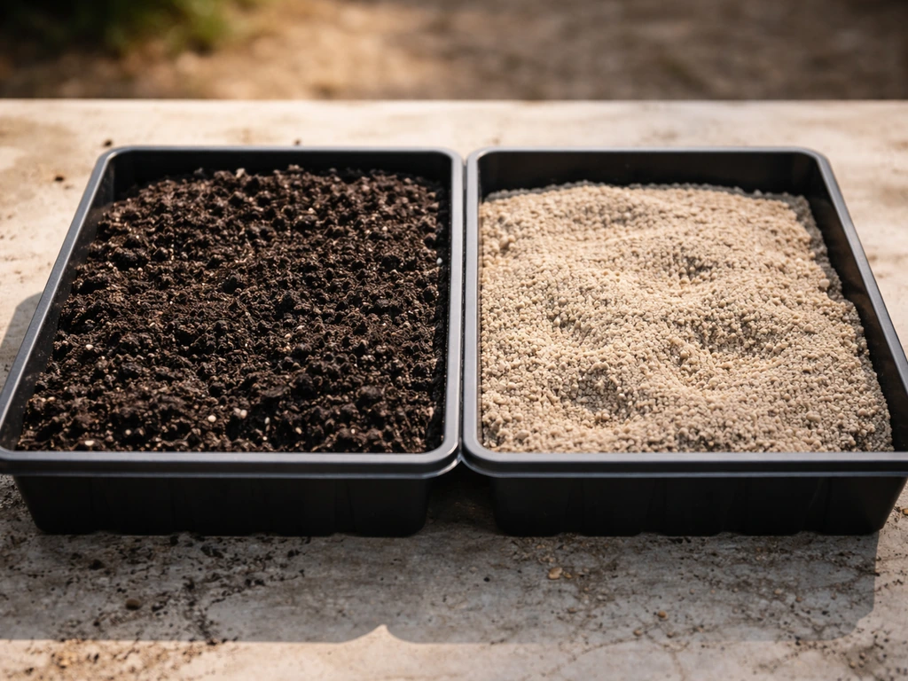 Side-by-side trays showing dark rich crumbly soil next to pale thin sandy soil.
