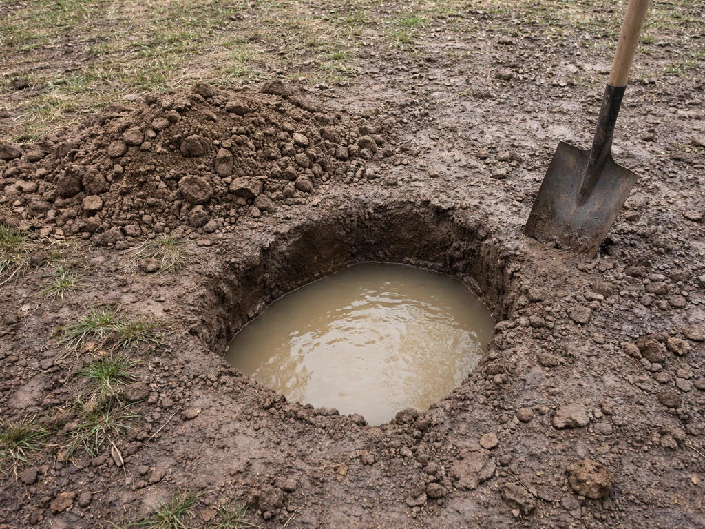 Dug test hole filled with standing muddy water beside nearby faster-draining, drier soil.
