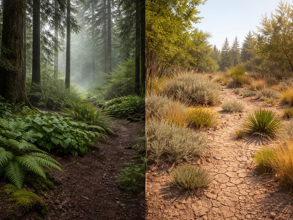Split landscape showing lush cool ferns under conifers beside dry arid soil with drought-tolerant plants.
