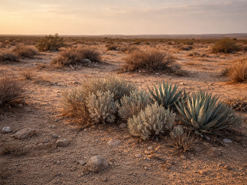 Panoramic rocky desert edge where drought-tolerant xerophytes thrive beside sparse, wilted vegetation.