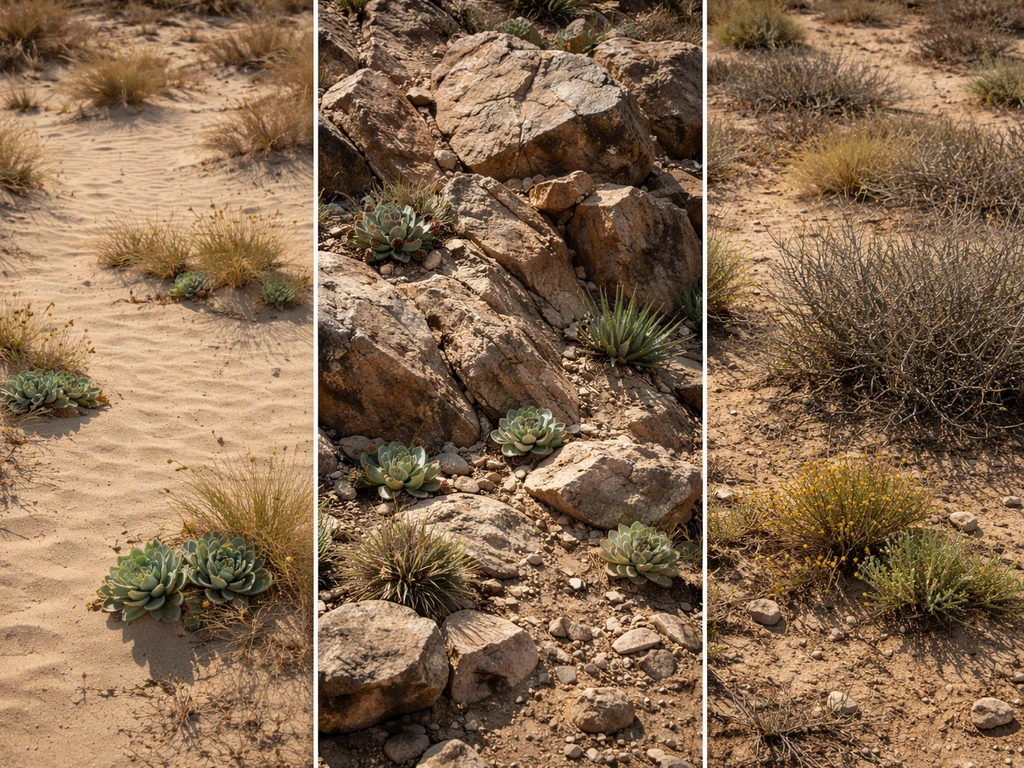 Three arid microhabitats side-by-side—sand, rocks, and dry scrub—with drought-tolerant plants thriving.