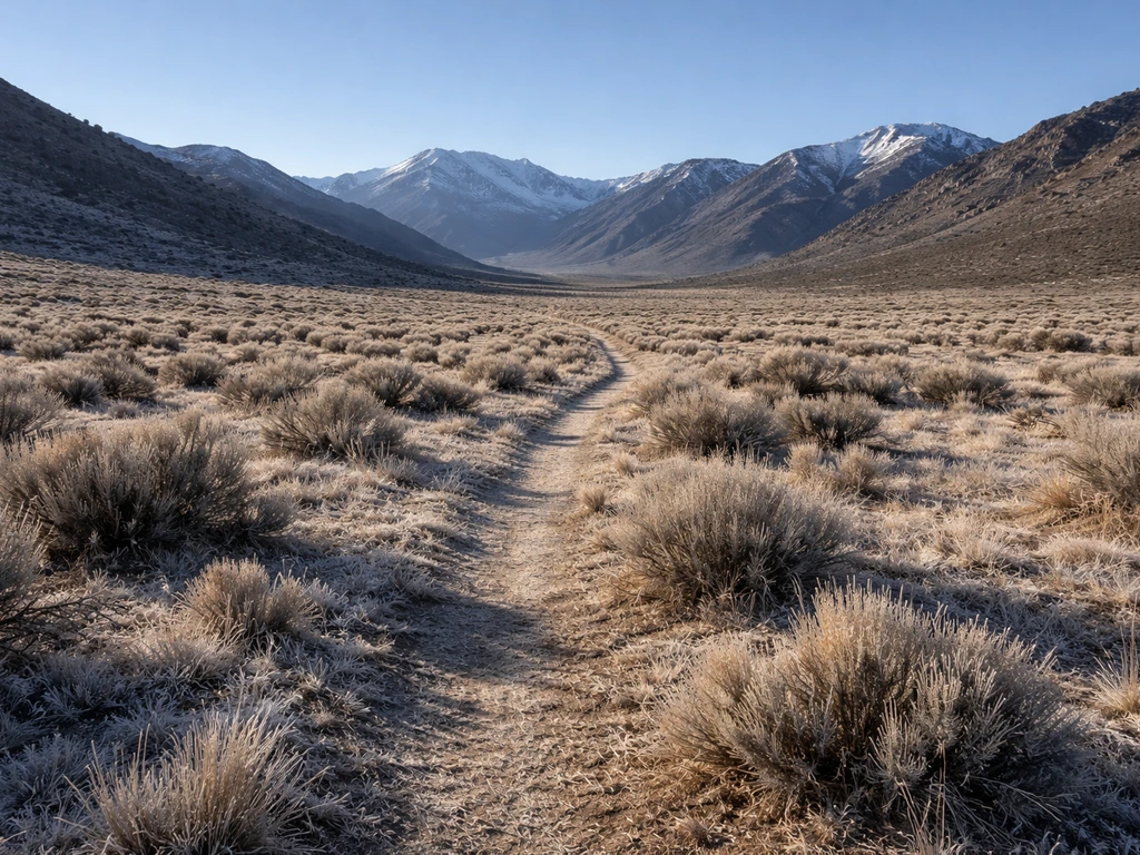 Cold high-altitude dry steppe with frost-dusted shrubs and distant mountains under a clear sky.