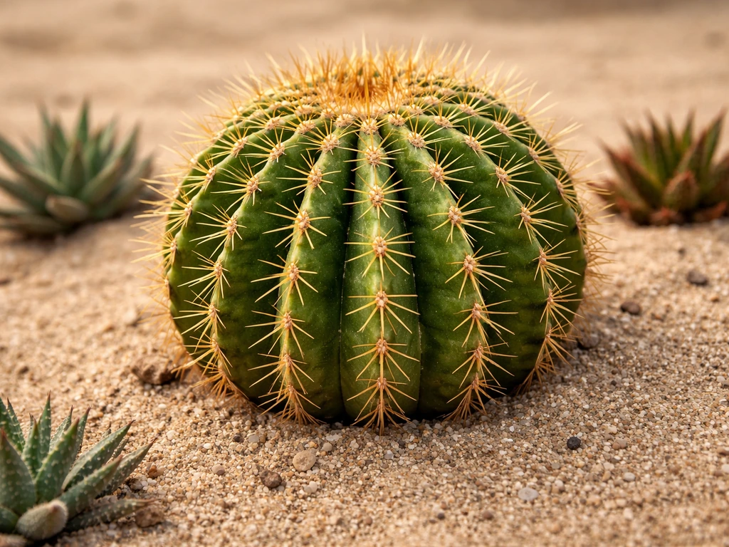 Close-up of a swollen barrel cactus in sandy soil, showing textured water-storing ribs in natural light.
