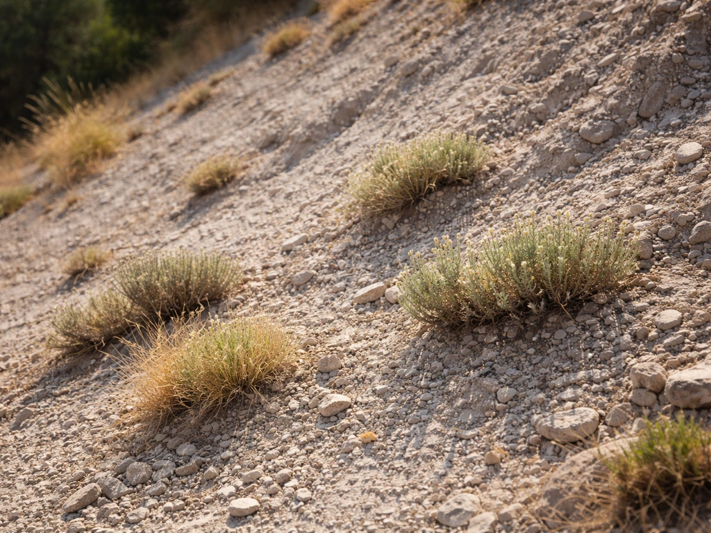 Sun-exposed rocky slope with sparse vegetation and gravel, showing xeric conditions for plant matching.