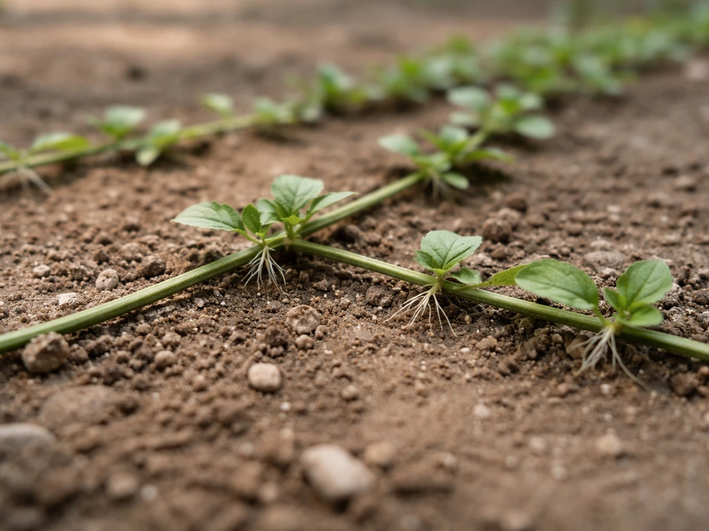 Ground-level close-up of a low creeper mat with horizontal stems and soil-rooting nodes.