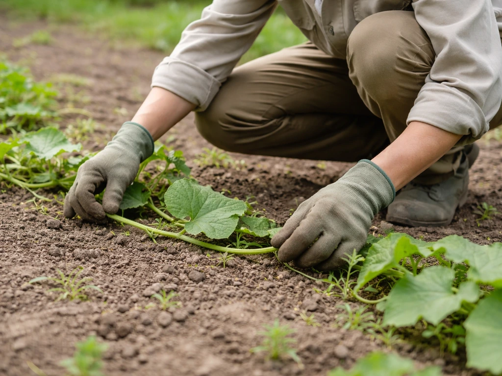 Gardener crouches beside a ground-hugging vine, checking if its stems lie along the soil.