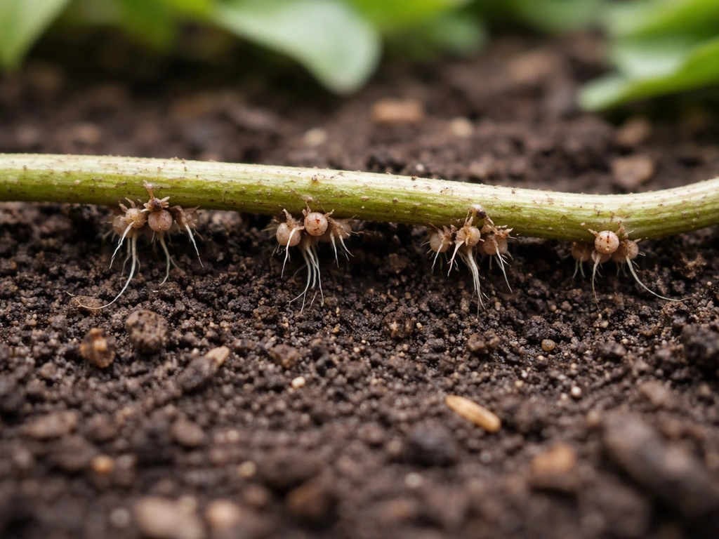 Macro close-up of a lifted creeping stem showing tiny rooting nodes at contact points in soil.
