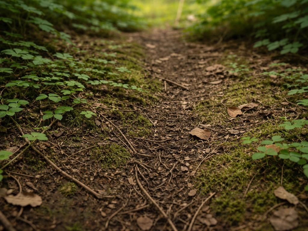Forest floor with shallow mossy creeper growth in moist soil near a drier edge under low light.