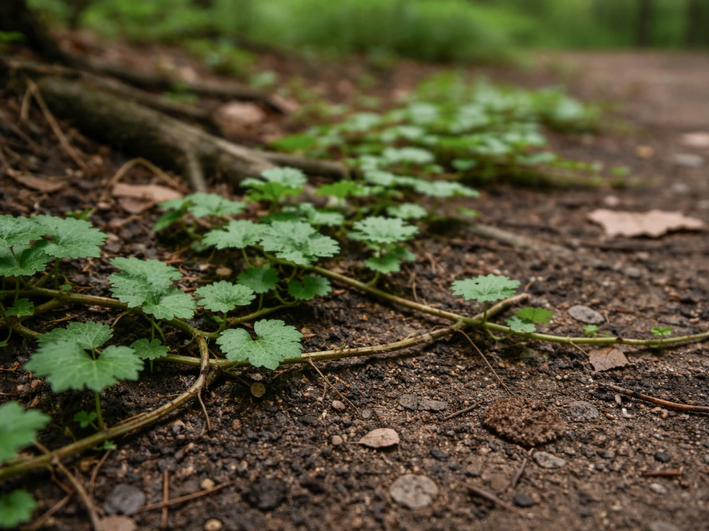 Close-up of ground ivy runners spreading along a moist forest edge with small roots at nodes.