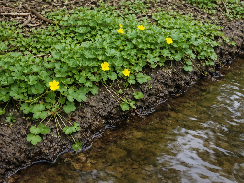 Creeping buttercup spreading along a muddy wetland streambank with shallow water at the edge.
