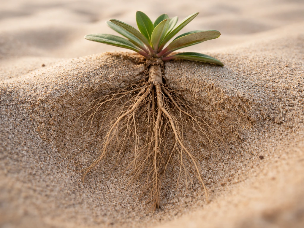 Close-up of a sand-adapted plant’s exposed deep roots in loose beach sand with hardy leaves above.