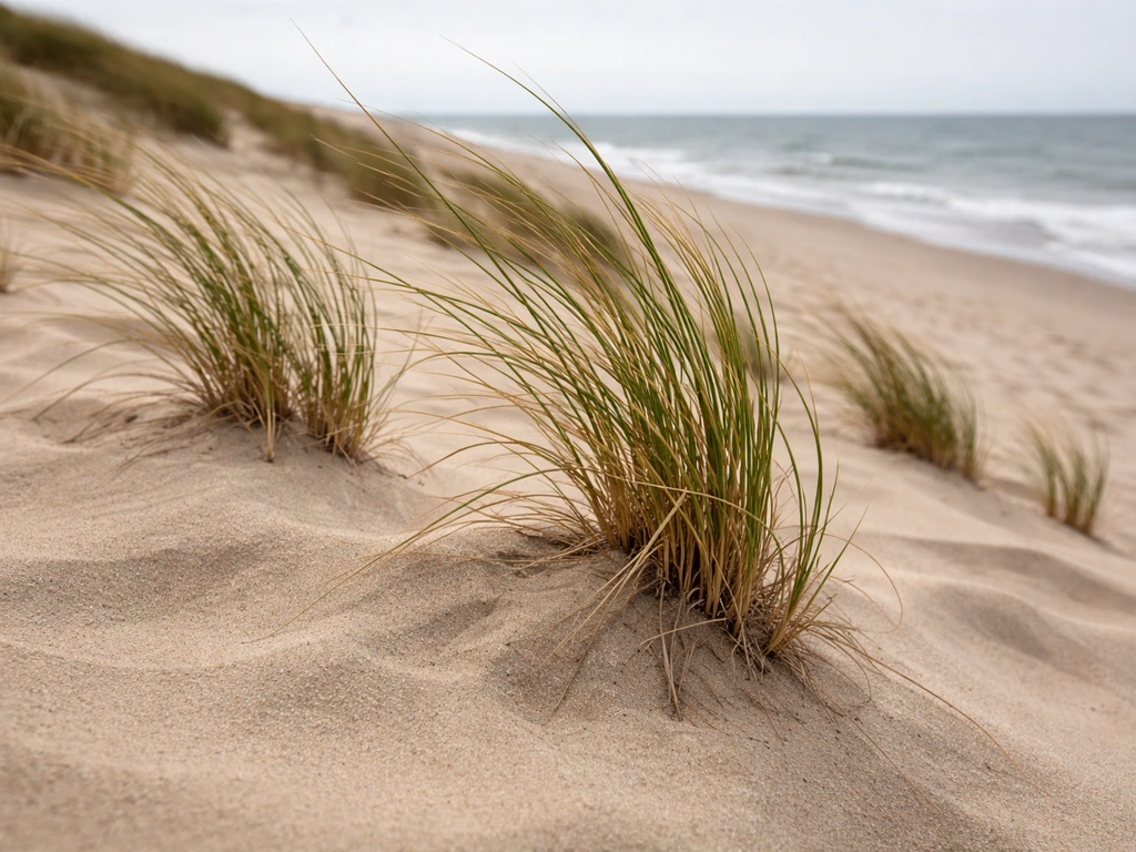 Marram grass tufts stabilizing a foredune in shifting sand with distant wave foam.