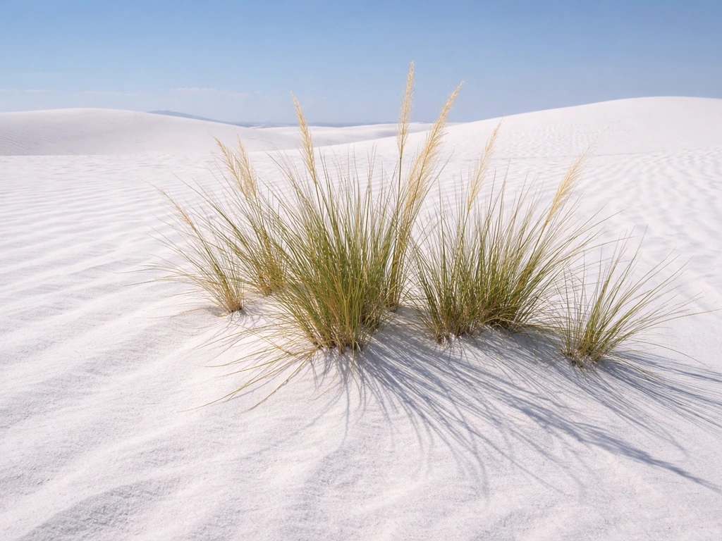 Tufts of drought-tolerant grass rooted in bright white gypsum sand on quiet desert dunes