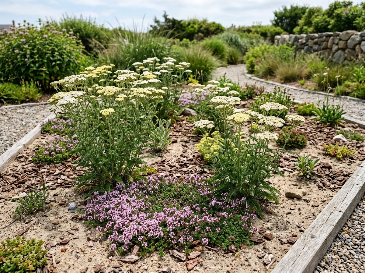 Yarrow and groundcovers planted in sandy soil with mulch