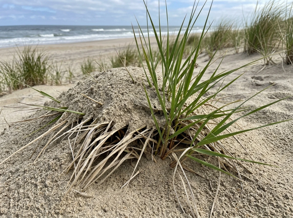 American beach grass emerging from sand burial in dunes