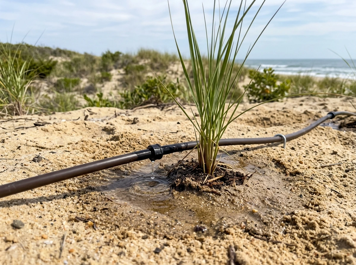 Drip or soaker watering installed to keep sand plants established