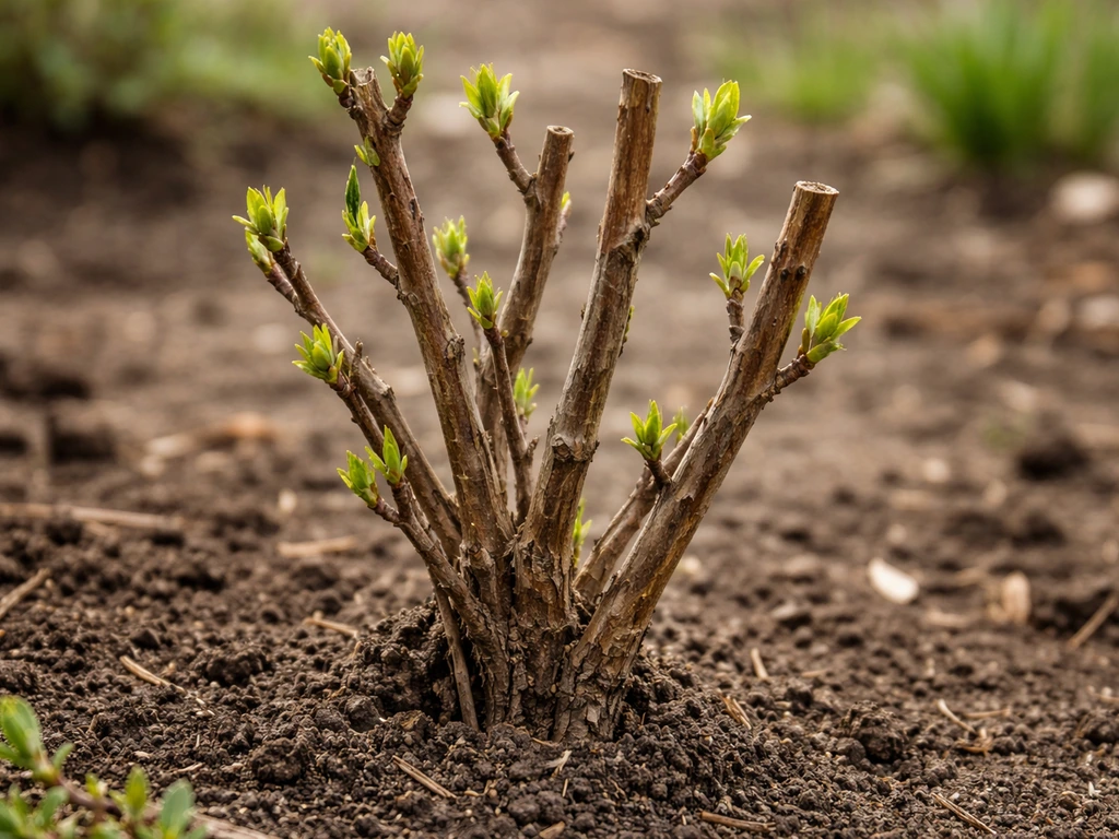 Close-up landscape of a woody shrub showing sturdy branches and leaf buds above ground.