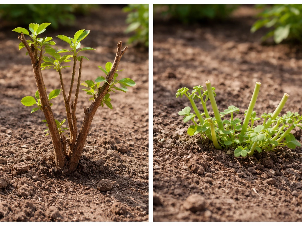 Side-by-side woody branch with persistent stem beside a non-woody herbaceous plant with soft green stems.