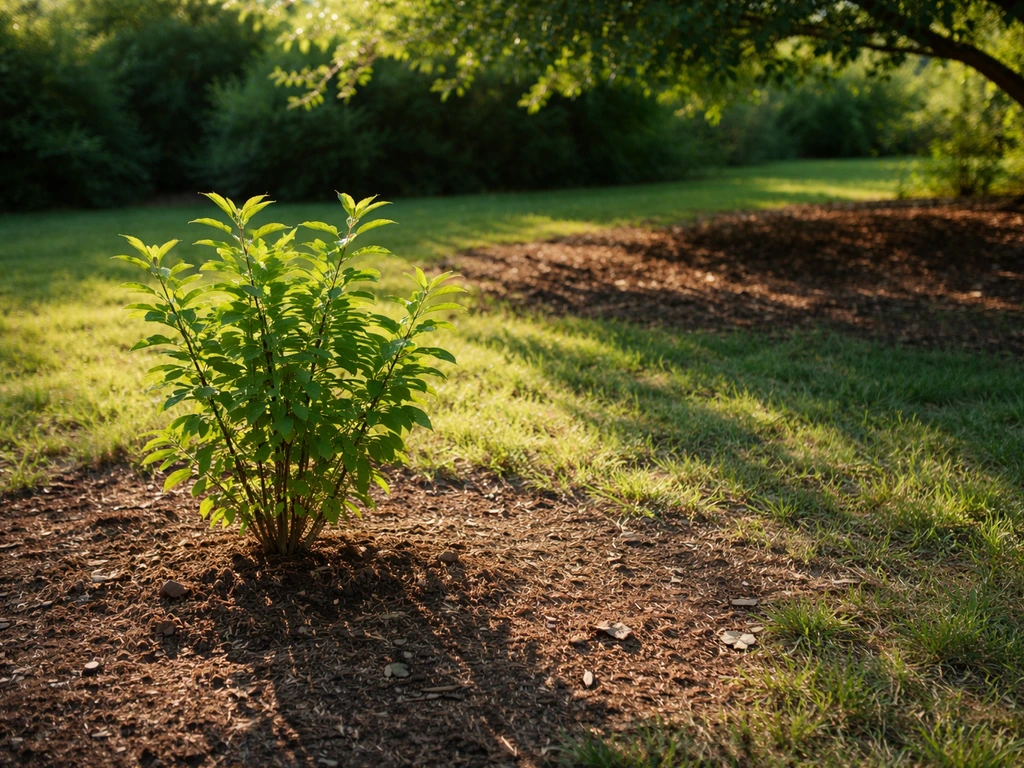 Woody plant in bright full-sun outdoors with long shadows, next to a shaded area showing dappled light