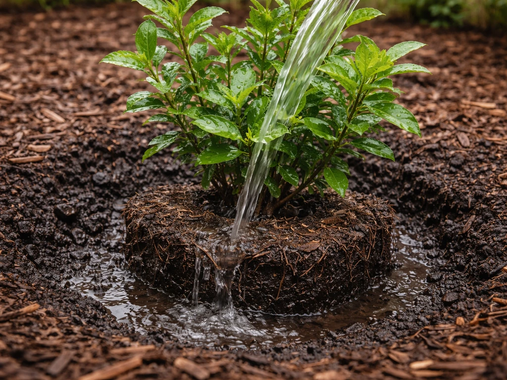 Fresh root ball of a newly planted shrub being slowly watered, with damp soil and mulch around the base.