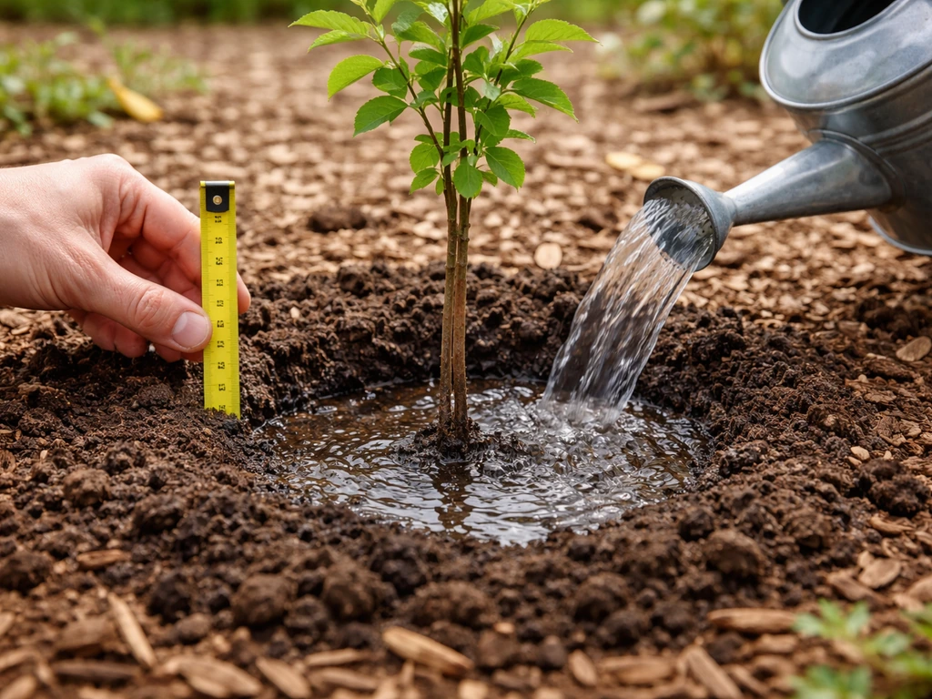 Hands planting a woody plant with the root collar set, backfilling, and watering in a simple garden bed