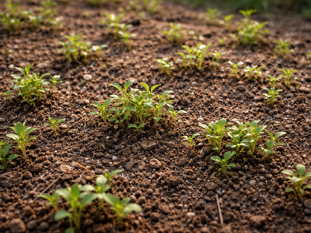 Green weeds and young wild plants sprouting from newly disturbed bare soil in early morning light