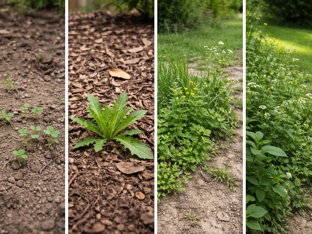 Four side-by-side outdoor examples: volunteer seedlings, a conspicuous weed, pioneer patch, and naturalized plants.