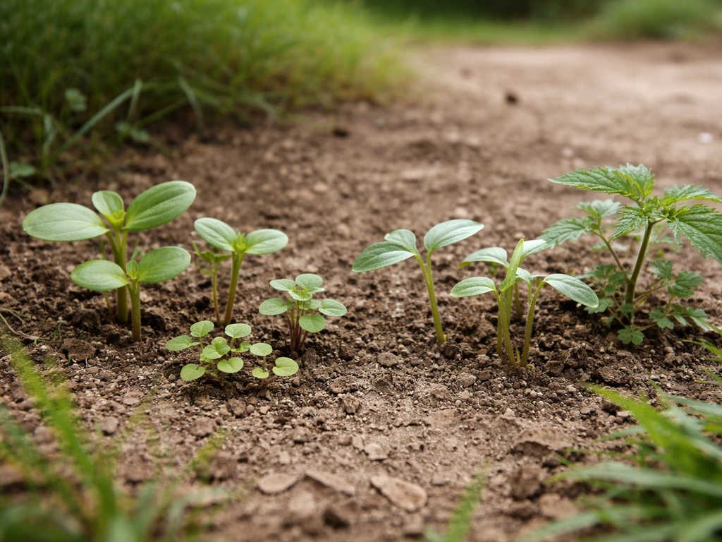 Close-up of different anonymous yard seedlings showing varied leaf shapes and stem posture in natural soil.