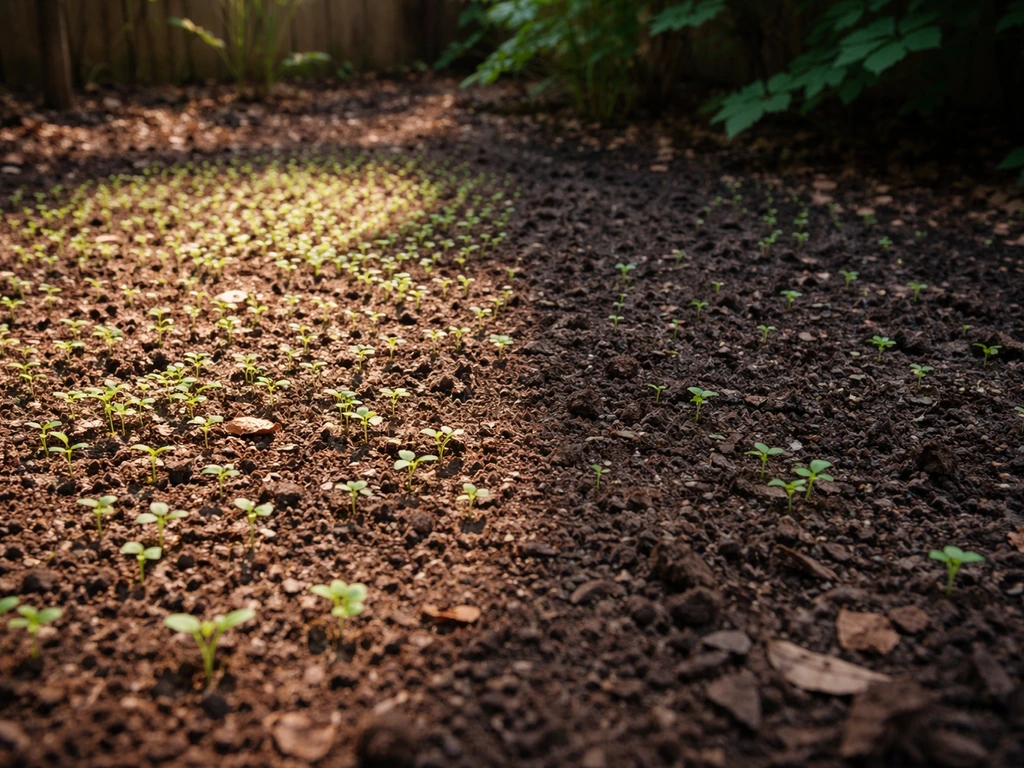 Sunlit soil patch with many small seedlings, beside a shaded patch with fewer seedlings.