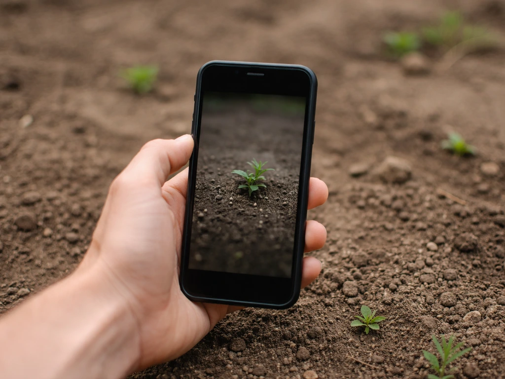 A hand holding a smartphone photographing a small plant in bare, recently disturbed soil