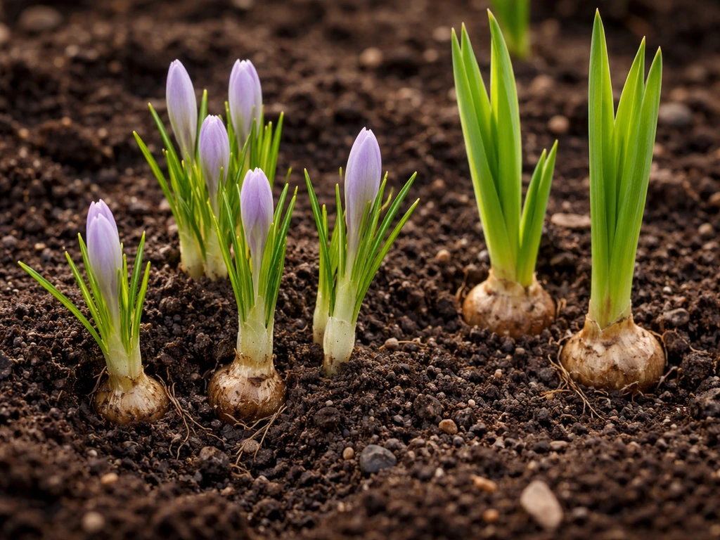 Crocus and gladiolus sprouts emerging from dark soil in a small garden bed