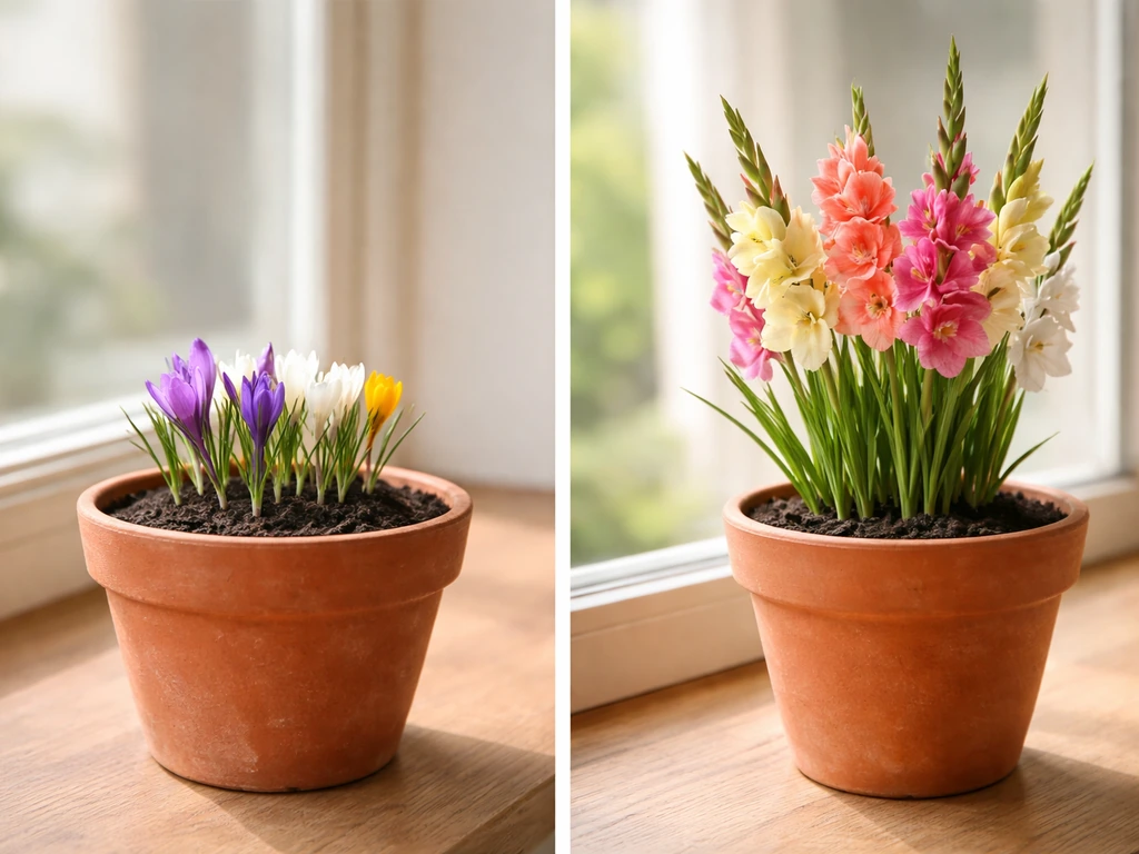 Two small pots on a windowsill showing spring crocus-style blooms and fall gladiolus-like blooms for timing comparison