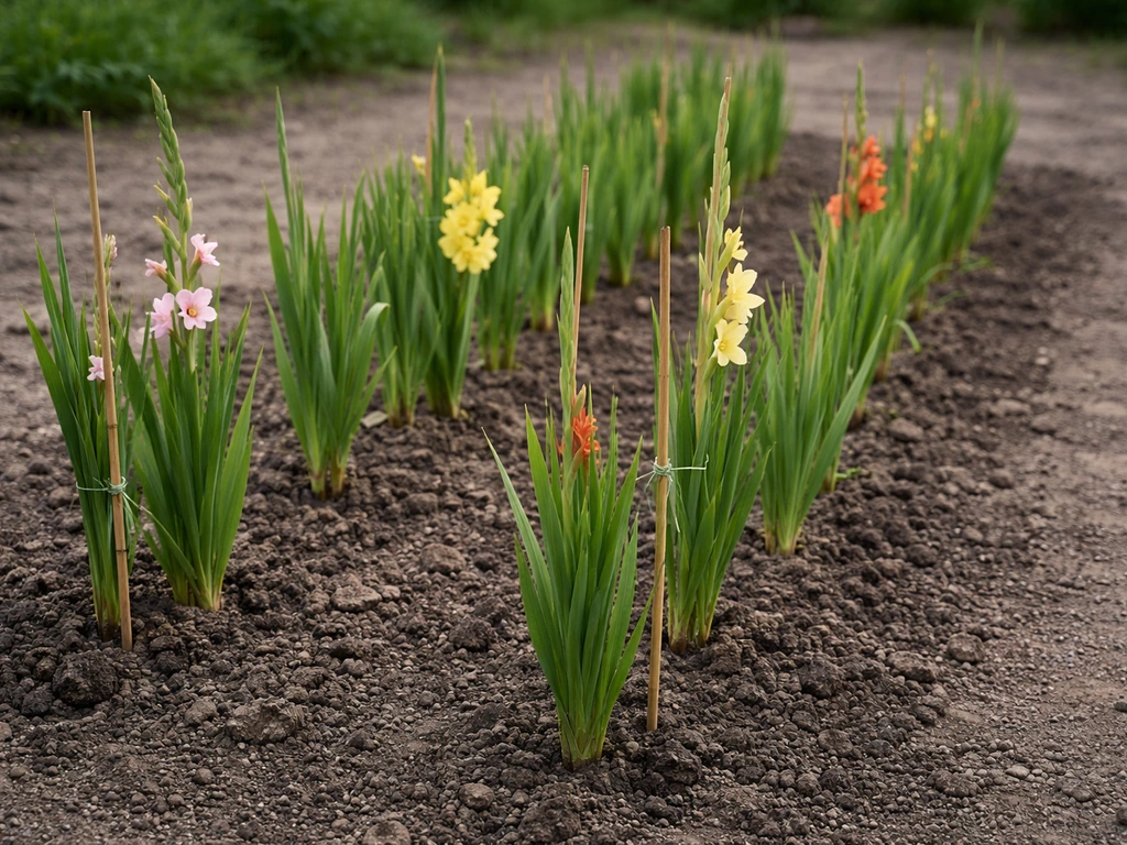 Gladiolus corms planted in rows with a few emerging flower spikes and thin supporting stakes