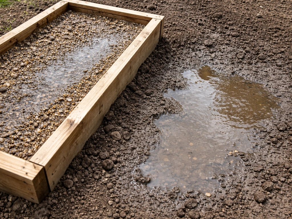 Raised bed with sandy loam and rocks draining water next to waterlogged clay with standing water.