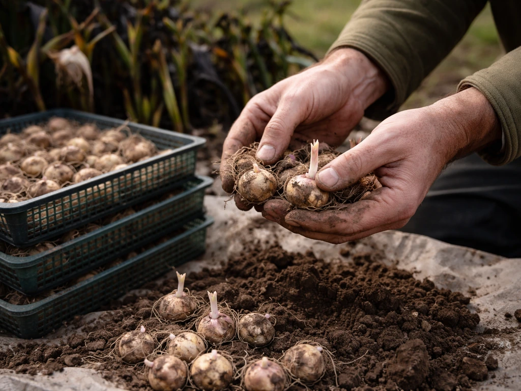 Gardener lifts frost-killed corms and places cleaned corms in ventilated trays to dry for storage.
