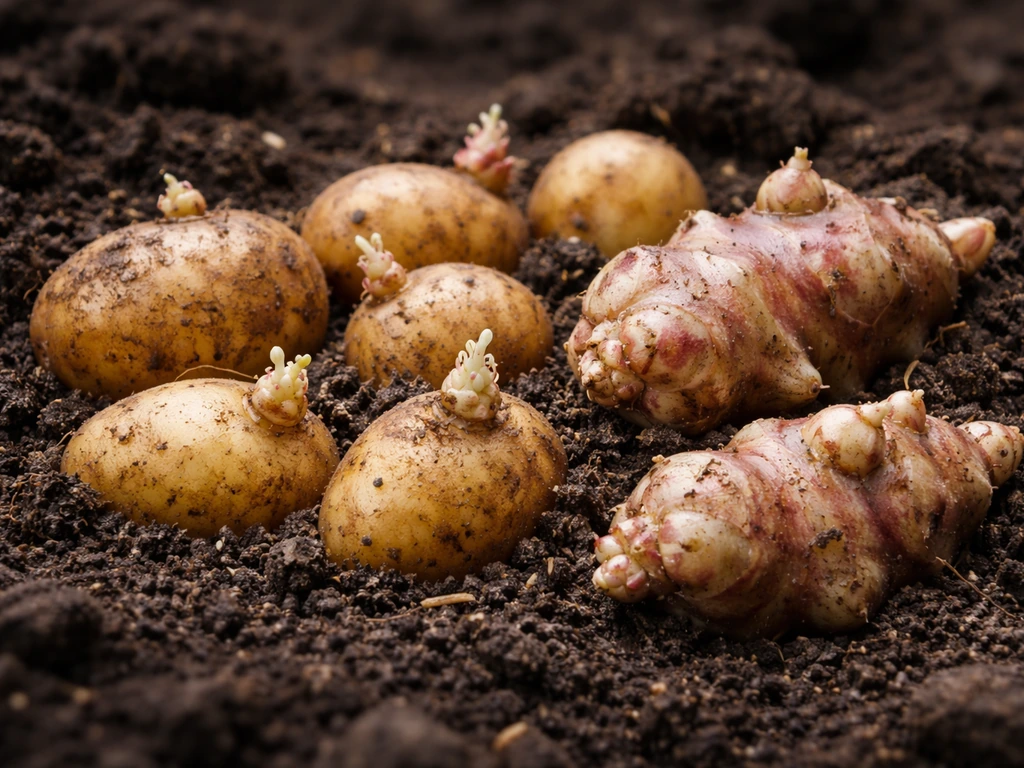 Assorted sprouting tubers in soil with visible eyes, suggesting plants growing from tubers.