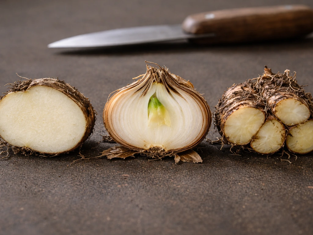 Three cutaway sections side-by-side showing a tuber, bulb with layered scales, and a segmented rhizome.